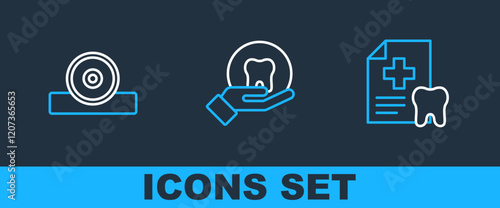 Set line Dental card, Otolaryngological head reflector and Tooth icon. Vector