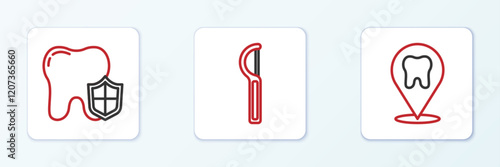 Set line Dental clinic location, protection and floss icon. Vector