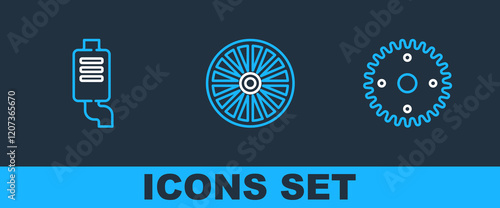 Set line Gear, Car muffler and Alloy wheel icon. Vector