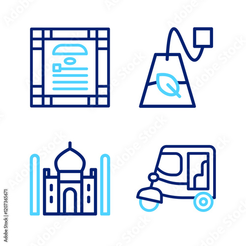 Set line Taxi tuk tuk, Taj Mahal, Tea bag and India constitution day icon. Vector