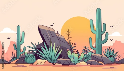 Desert Sunset Landscape With Cacti And Rocks photo