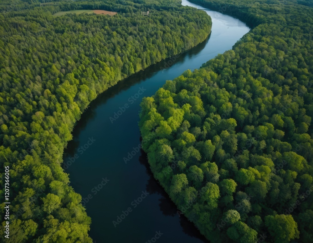 An aerial view showcases a beautiful river that is surrounded by lush trees An aerial view showcases a beautiful river that is surrounded by lush trees