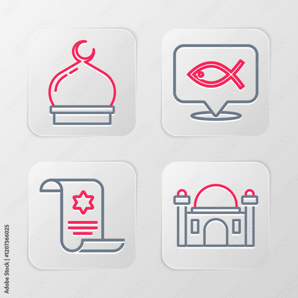 Set line Muslim Mosque, Torah scroll, Christian fish and icon. Vector Set line Muslim Mosque, Torah scroll, Christian fish and icon. Vector