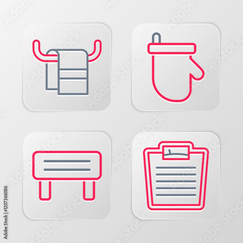 Set line Bathroom scales, Sauna wood bench, mittens and Towel on hanger icon. Vector