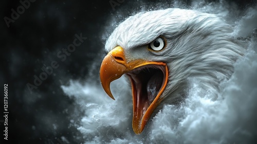 Majestic bald eagle head in dramatic smoke.