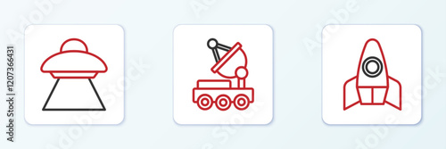 Set line Rocket ship, UFO flying spaceship and Mars rover icon. Vector