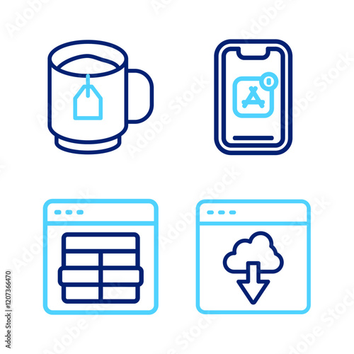 Set line Cloud technology data transfer, MySQL code, Mobile Apps and Cup of tea with tea bag icon. Vector