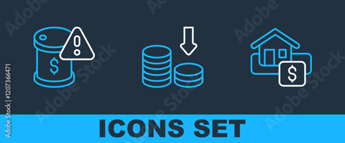 Set line Hanging sign with Sale, Drop crude oil price and Dollar rate decrease icon. Vector