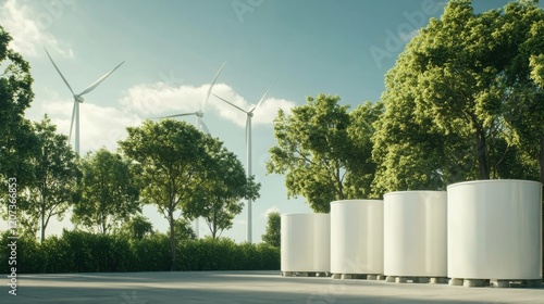 A row of large battery containers in a clean white finish, placed in front of a grove of green trees with wind turbines spinning in the background under a sunny sky. photo