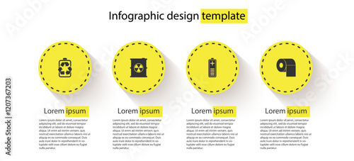 Set Battery with recycle, Radioactive waste in barrel, charge level indicator and Toilet paper roll. Business infographic template. Vector