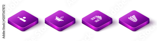 Set Isometric Wood cricket bat and ball, Aroma lamp, India Gate in Delhi and Pan flute icon. Vector