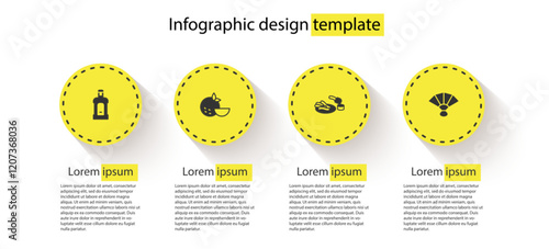 Set Orujo, Orange fruit, Churros and chocolate and Fan flamenco. Business infographic template. Vector