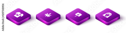 Set Isometric Peace t-shirt print stamp, Marijuana, and Hippie girl icon. Vector