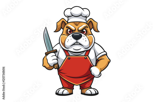 A bulldog wearing butcher outfit, holding  knife in a hand vector art illustration.eps