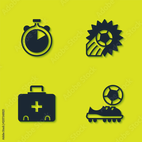 Set Stopwatch, Football shoes, First aid kit and Soccer football icon. Vector