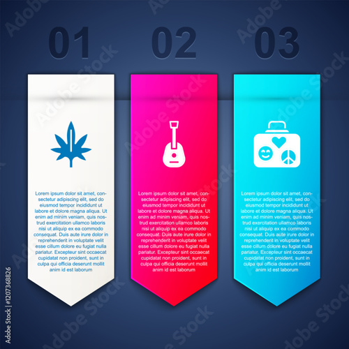 Set Marijuana, Guitar and Suitcase for travel. Business infographic template. Vector