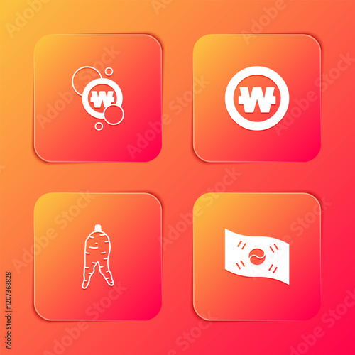 Set South Korean won coin, , Ginseng root and flag icon. Vector