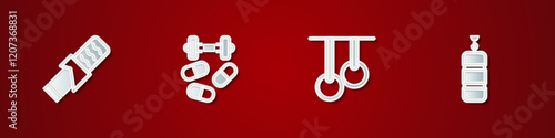 Set Protein sport bar, Sports doping with dumbbell, Gymnastic rings and Punching bag icon. Vector