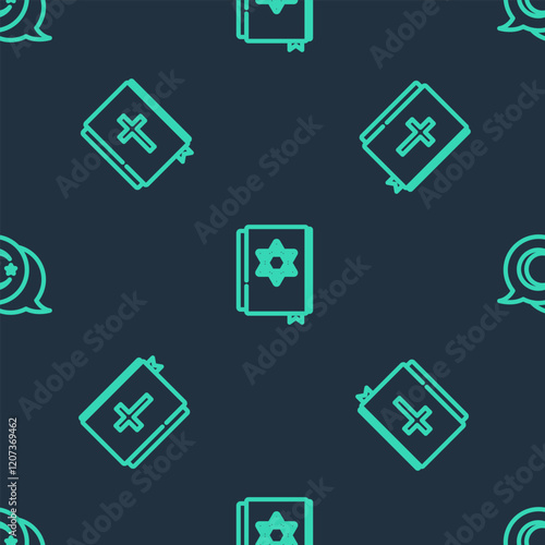 Set line Jewish torah book, Holy bible and Star and crescent on seamless pattern. Vector