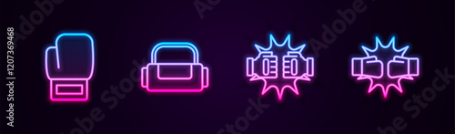 Set line Boxing glove, Sport bag, Punch boxing gloves and . Glowing neon icon. Vector