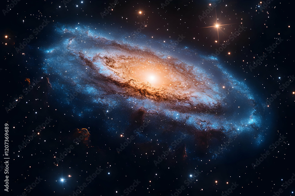 Fototapeta premium Majestic Spiral Galaxy in Deep Space with Bright Stars and Nebulae