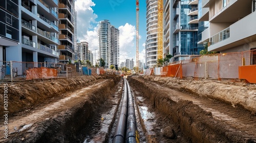 Fototapeta Naklejka Na Ścianę i Meble -  A civil construction site in a modern Australian city showing a narrow trench for underground pipelines, with nearby commercial and residential buildings, captured in vivid detail.