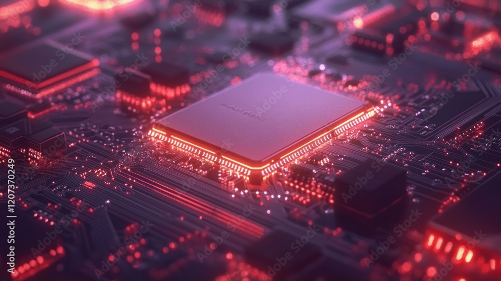 A close-up of a CPU and its surrounding components on a circuit board, with visible traces and LED lights creating a futuristic glow.