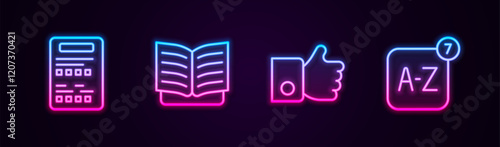 Set line Exam sheet, Open book, Hand like and Online translator. Glowing neon icon. Vector