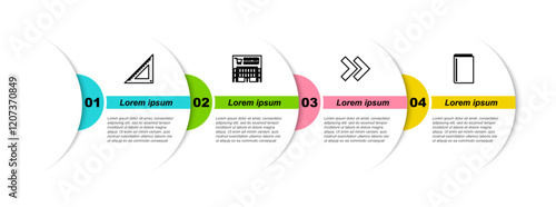 Set line Triangular ruler, Supermarket building, Arrow and Book. Business infographic template. Vector