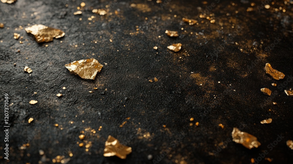 Fototapeta premium A close-up of multiple gold nuggets scattered on a matte black surface, with sharp details highlighting their natural imperfections and luster