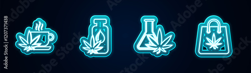 Set line Cup tea with marijuana, Marijuana or cannabis leaf oil, Test tube and Shopping bag of. Glowing neon icon. Vector