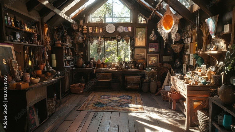 A cozy yet spacious boutique interior featuring an eclectic mix of goods, including handmade jewelry, artisanal pottery, and unique home decor, with sunlight streaming through skylights. A cozy yet spacious boutique interior featuring an eclectic mix of goods, including handmade jewelry, artisanal pottery, and unique home decor, with sunlight streaming through skylights.