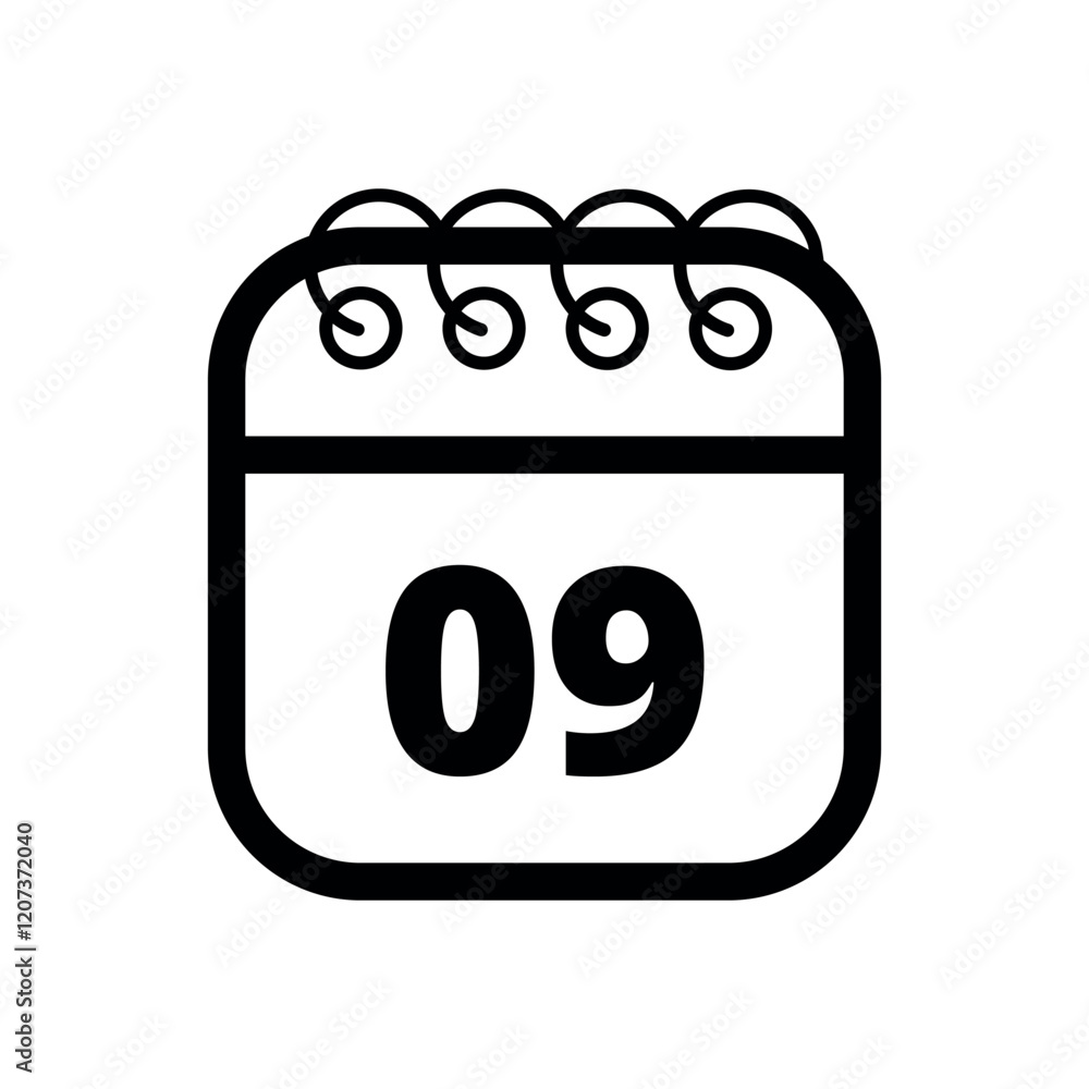 Simple flat calendar icon with specific day marked out isolated on transparent background, day 09. Simple flat calendar icon with specific day marked out isolated on transparent background, day 09.