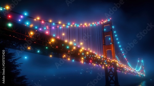 Festive lights illuminate foggy bridge at night