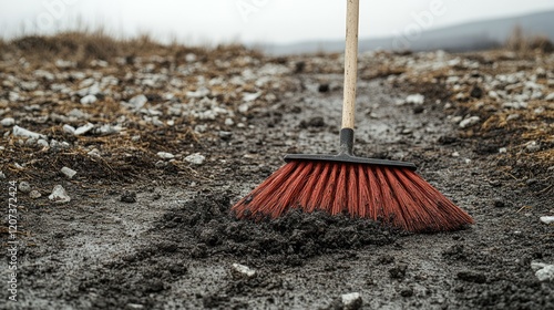 Wallpaper Mural Red broom sweeping dark, gravelly ground. Torontodigital.ca