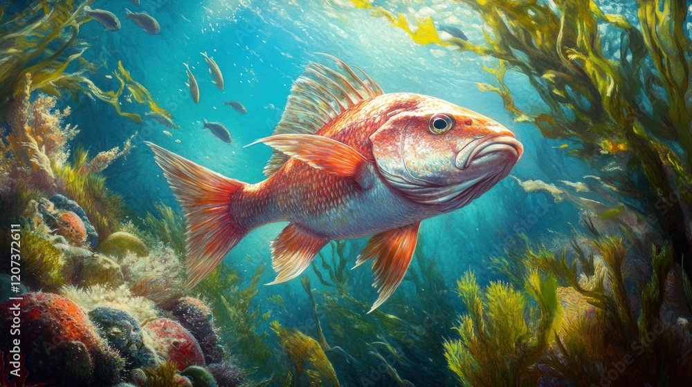 Fototapeta premium A female sheephead fish exploring the dense kelp forest (Macrocystis pyrifera), with small schools of reef fish swimming around the vibrant underwater environment near Santa Barbara Island.