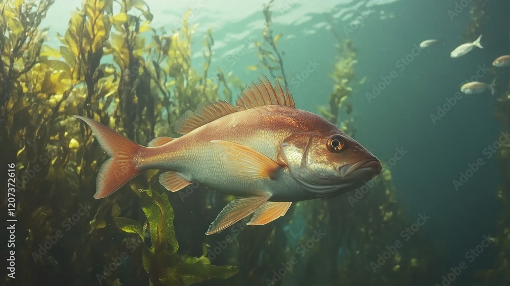 Fototapeta premium A female sheephead fish exploring the dense kelp forest (Macrocystis pyrifera), with small schools of reef fish swimming around the vibrant underwater environment near Santa Barbara Island.