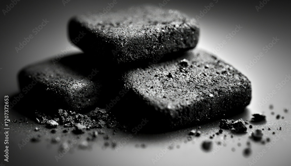 Fototapeta premium Black Charcoal Cubes Stacked On Gray Surface