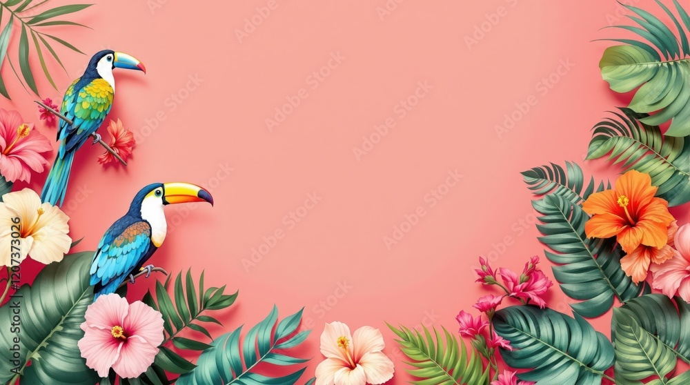 Naklejka premium Colorful tropical toucans and vibrant hibiscus flowers on pink background