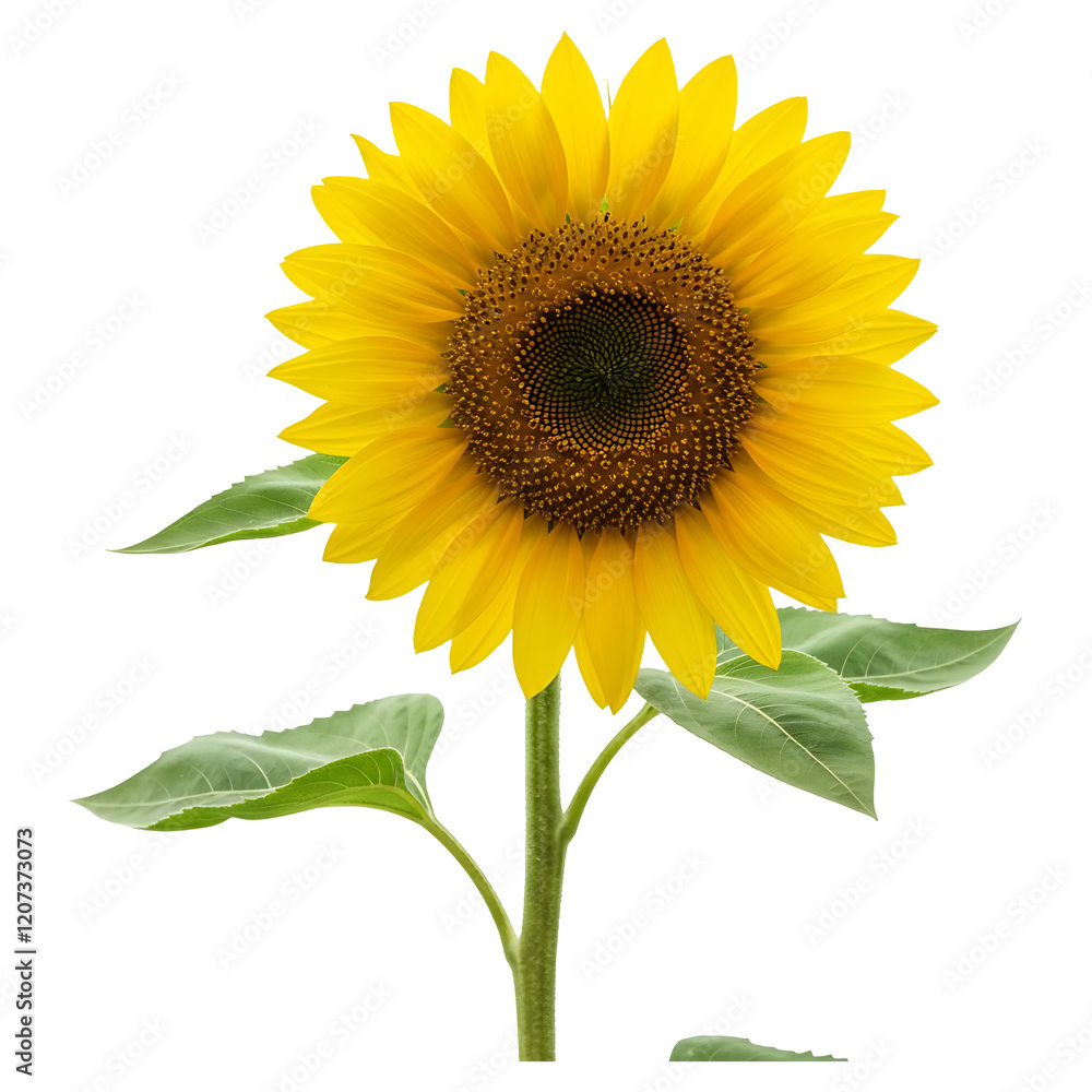 Obraz premium Bright Sunflower with Stem and Leaves, Isolated