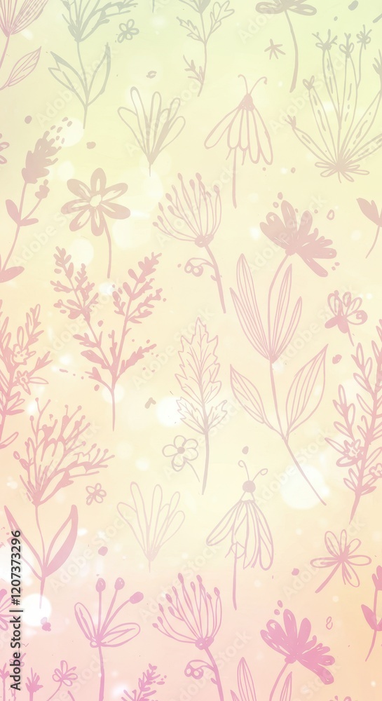 Hand-drawn pastel floral pattern with soft gradient background Hand-drawn pastel floral pattern with soft gradient background