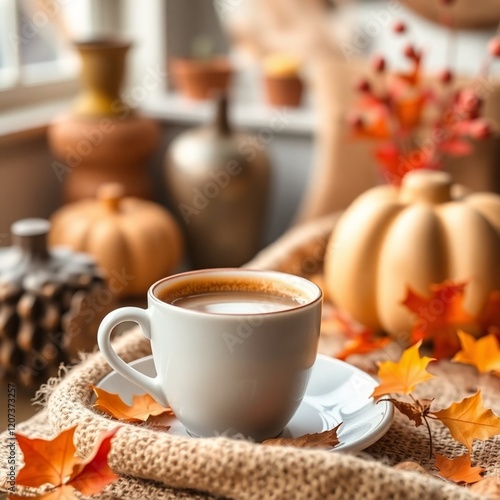 Wallpaper Mural High-resolution stock photo a cup of coffee in a home setting, commercial quality.  Warm autumn colors, such as reds, oranges, and browns, create an earthy and cozy ambiance.   Torontodigital.ca