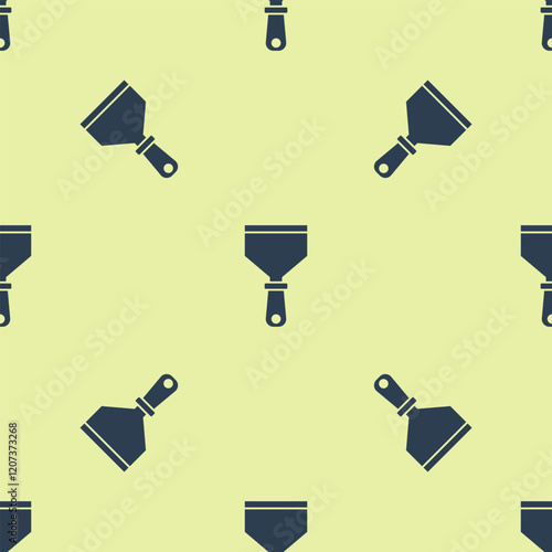 Blue Putty knife icon isolated seamless pattern on yellow background. Spatula repair tool. Spackling or paint instruments. Vector