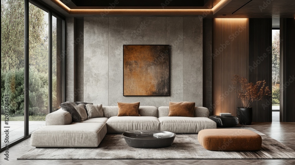 Fototapeta premium Modern Living Room Interior Design with Concrete Wall and Large Windows
