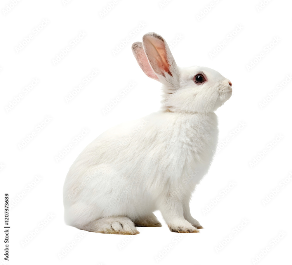 Fluffy White Rabbit Sitting and Looking Up - Adorable and Gentle Expression. PNG file for mock-up. Fluffy White Rabbit Sitting and Looking Up - Adorable and Gentle Expression. PNG file for mock-up.