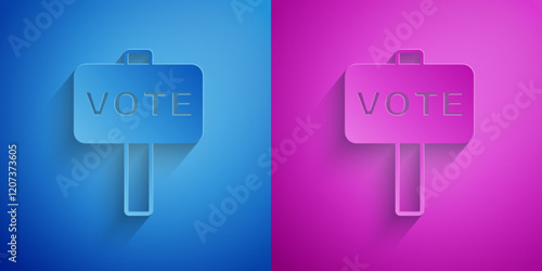 Paper cut Vote icon isolated on blue and purple background. Paper art style. Vector
