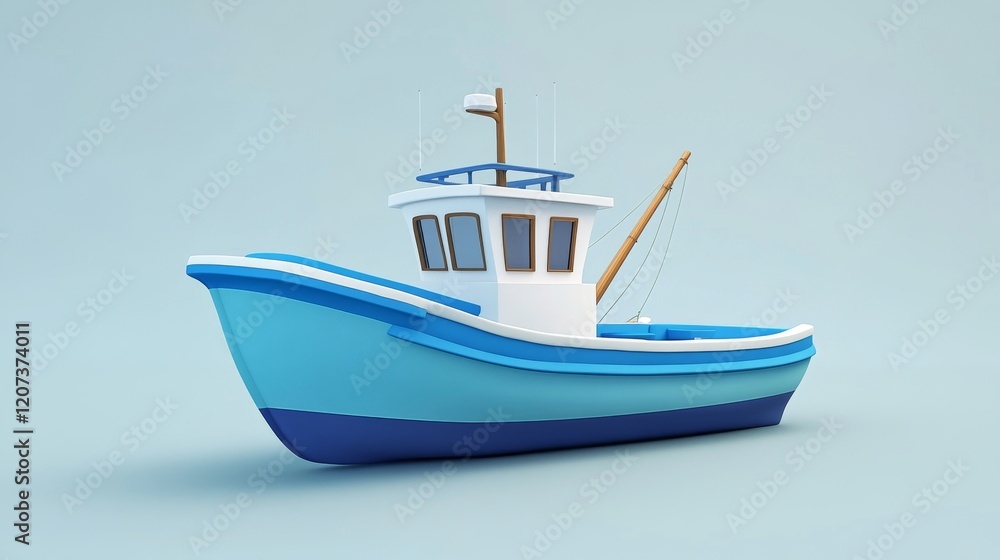 3D cartoon fishing boat in blue and white for fishing adventures. 3D cartoon fishing boat in blue and white for fishing adventures.