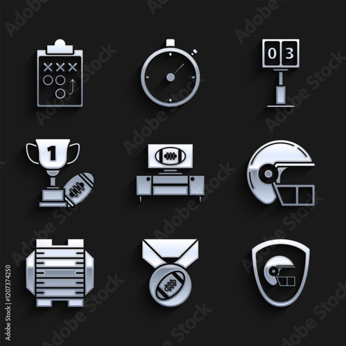 Set American football on tv program and stand, Football with medal, helmet shield, field, Award cup, Sport mechanical scoreboard result display and Planning strategy concept icon. Vector