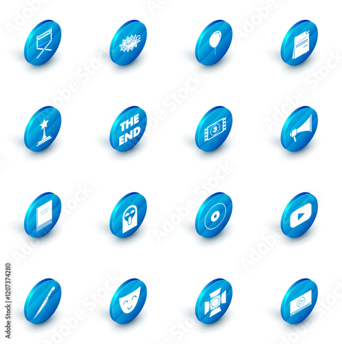 Set Bang boom text speech bubble balloon, Balloon with ribbon, Scenario, Movie trophy, The End handwritten inscription, Megaphone and Play Video icon. Vector