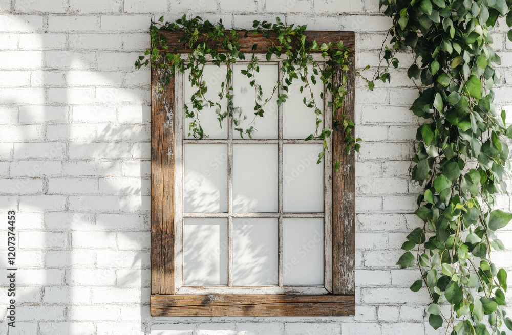 Obraz premium A rustic wooden window frame sits against a white brick wall, surrounded by vibrant green vines. Soft shadows play across the surface, creating a tranquil ambiance in natural light